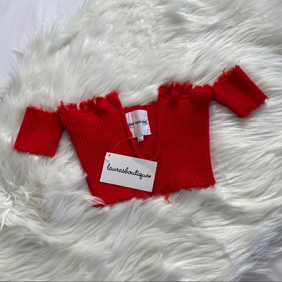 Tops - Red Cropped V Neck Off the Shoulder Short Sleeve